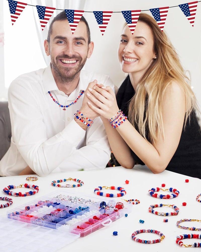 Goldwise 1578Pcs 4th of July Red White Blue Beads Bracelet Making Kit with Clay Seed Plastic Pony Pearl Beads, Patriotic USA Flag Star Beads, Metal Charms Earrings for Jewelry Making - Image 5